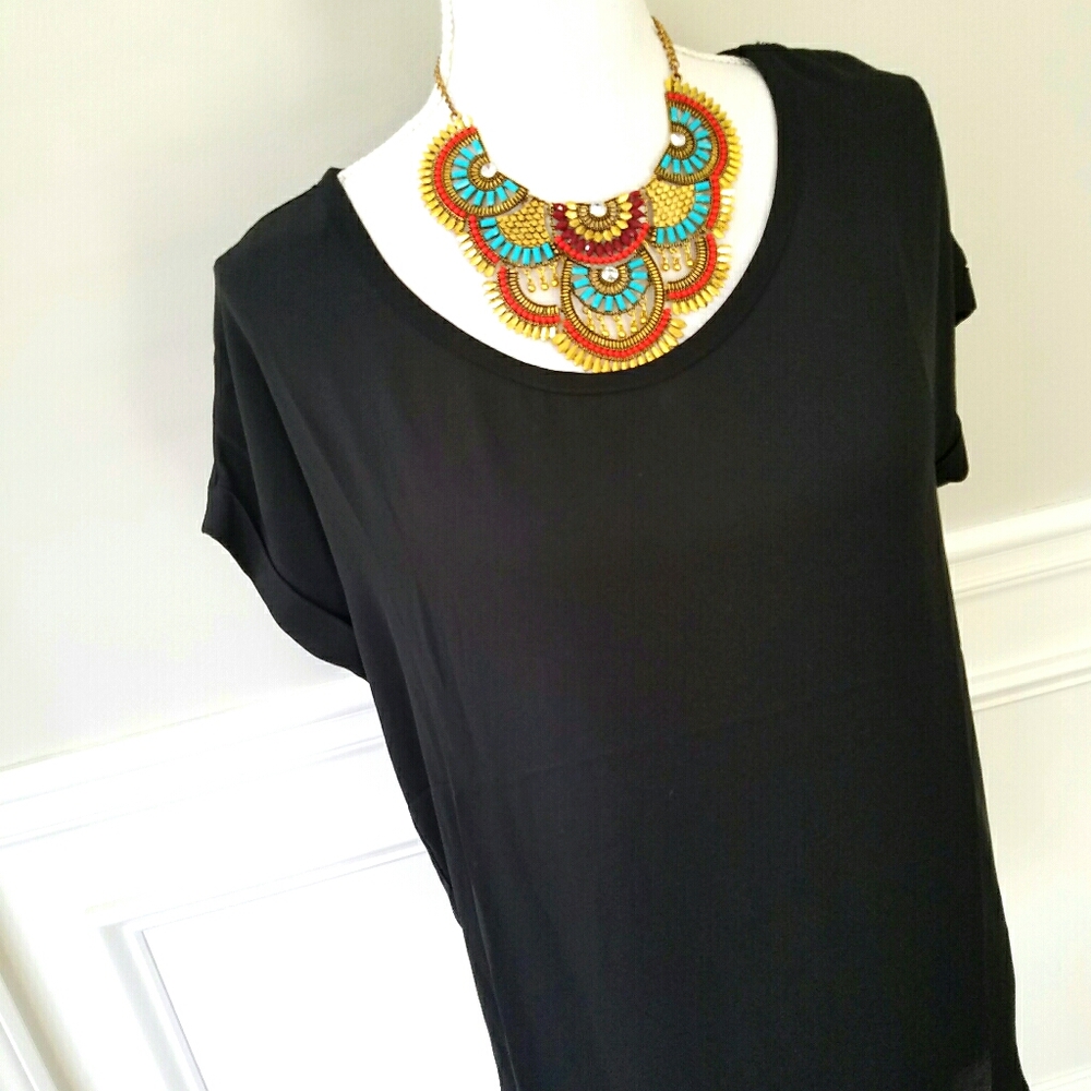 Pleione Sheer Cap Sleeve Pleated Black Blouse Top